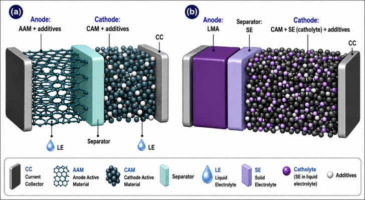 The comparison between the battery structures of (a) a conventional lithium-ion battery with a liquid electrolyte and (b) a solid-state battery with a solid electrolyte and lithium metal anode